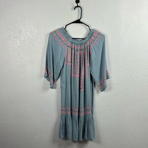 7 Islands Women’s Blue Mini Dress Pink Green Embroidery Sz S Ruffle Hem Bohemian